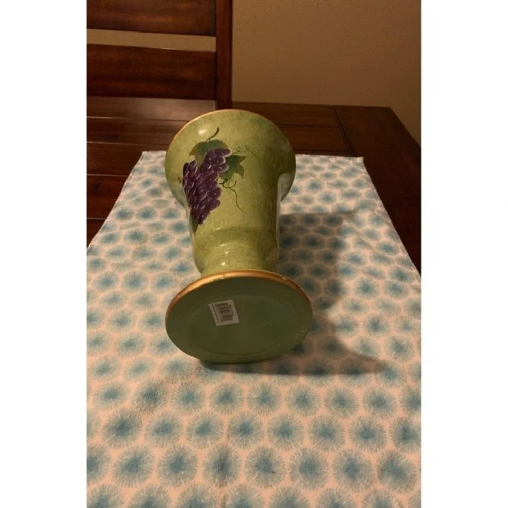 Vintage Hand Painted Grape Motif Ceramic Pedestal Vase Green Gold‎ Rim 9 Inch